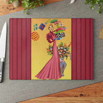 Elegant Holiday Woman with Gifts Glass Cutting Board