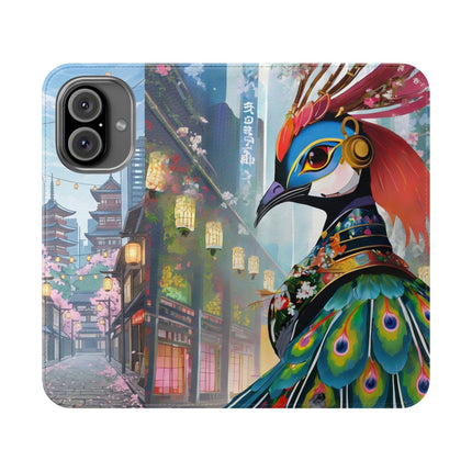 🦚🌸 Techno Plumes Peacock Flip Case – Neon Elegance & Sakura Dreams