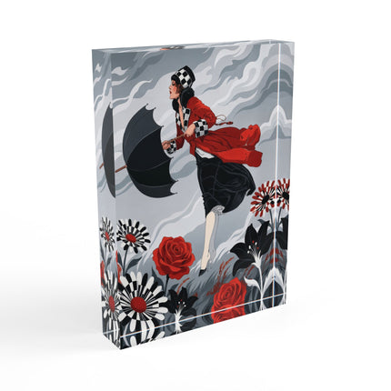 ☂️🌹 The Lady Of The Wild Wind Acrylic Art Block – Art Deco Stormy Elegance
