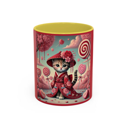 Whimsical Geisha Kitten in a Valentine Garden Colorful Mugs (11oz, 15oz)