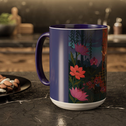 The Lady And The Midnight Birdcage Colorful Mugs – Art Deco Botanical Elegance