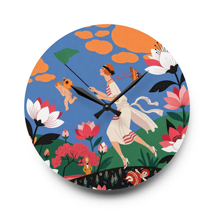 🌸🪽 The Lady Chasing Cupid Acrylic Wall Clock – Art Deco Garden Whimsy