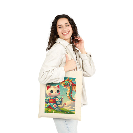Geisha Kitten and the Dragon Kite Cotton Canvas Tote Bag – Joyful Flight & Dragon Spirit
