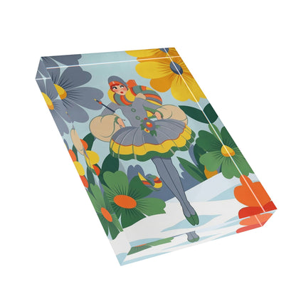 ❄️🌼 The Winter Flower Wanderer Acrylic Art Block – Colorful Art Deco Snow Fantasy