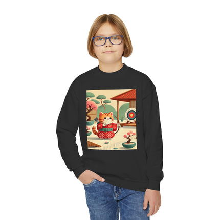 Archer Kitten in the Zen Garden Youth Crewneck Sweatshirt – Focus, Calm & Playful Precision