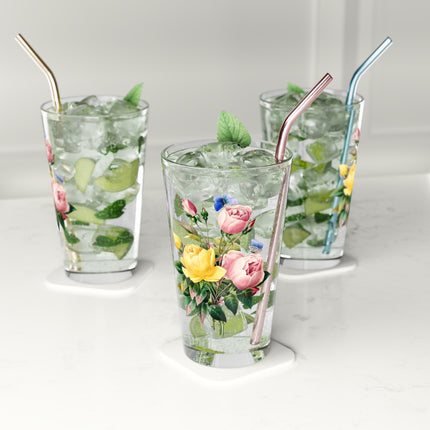 Yellow Rose and Cabbage Rose Botanical Illustration by Pierre-Joseph Redouté Glass, 16oz