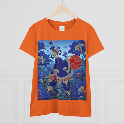 💙🌺 The Imperial Blue Garden Cotton Tee – Art Deco Oriental Elegance