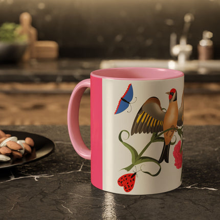 Goldfinch & Pink Flowers Colorful Mugs – Vibrant Spring & Bold Beauty