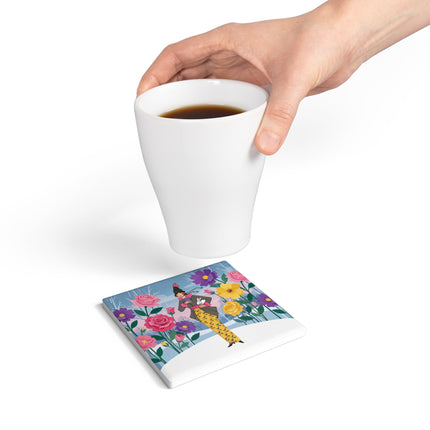 🐇🌸 The Lady With The White Rabbit Ceramic Coaster – Art Deco Floral Whimsy
