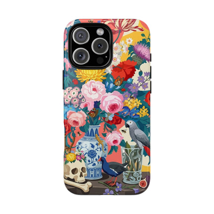 Floral Vanitas Phone Case – Parrot & Porcelain Splendor