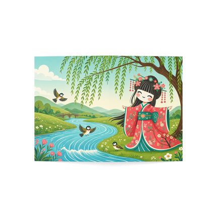 🌸🐦 The Willow Garden Maiden Greeting Card – Whimsical Japanese Garden