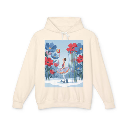 🌸❄️ Winter Flower Girl Unisex Lightweight Hooded Sweatshirt – Art Deco Floral Fantasy