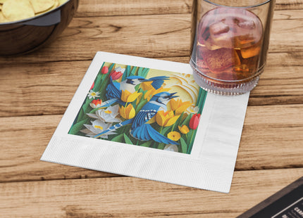 Blue Jays in a Spring Garden White Coined Napkins