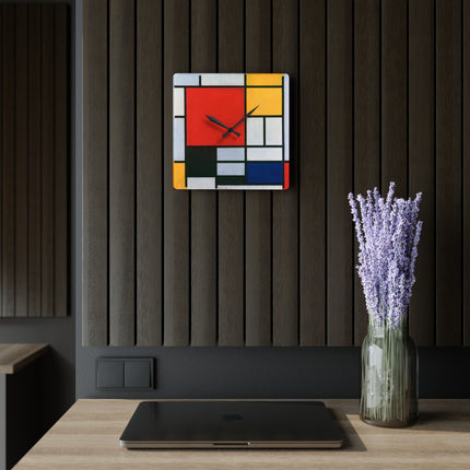 Composition with Red, Yellow, Blue, and Black by Piet Mondrian Acrylic Wall Clock, Round and Square