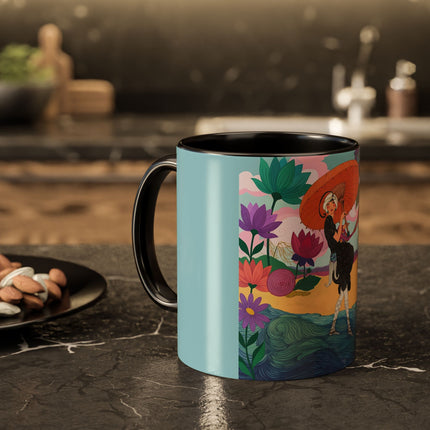 The Lady Of The Coral Parasol Colorful Mugs – Art Deco Coastal Elegance