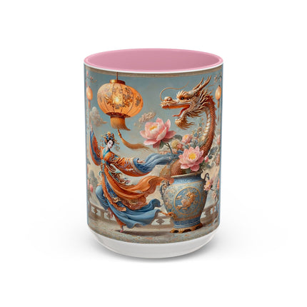 Golden Dragon & Lantern Lady Colorful Mug – Imperial Dragon & Elegant Harmony