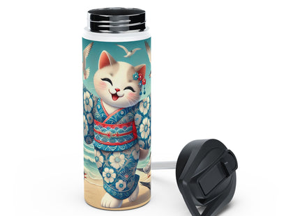 Geisha Kitten by the Seaside Stainless Steel Water Bottle, Standard Lid