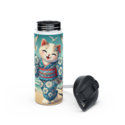 Geisha Kitten by the Seaside Stainless Steel Water Bottle, Standard Lid