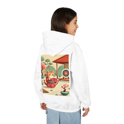 Archer Kitten in the Zen Garden Youth Hooded Sweatshirt – Calm Focus & Playful Strength