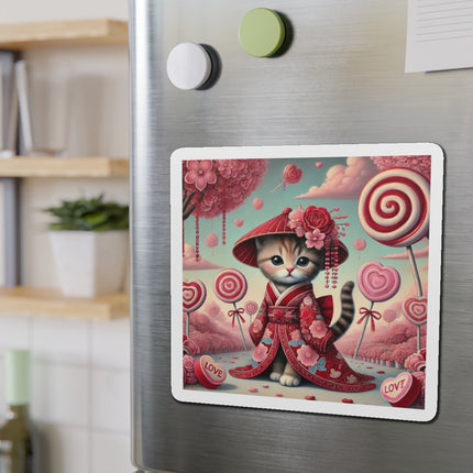 Whimsical Geisha Kitten in a Valentine Garden Die-Cut Magnets (5 Sizes)
