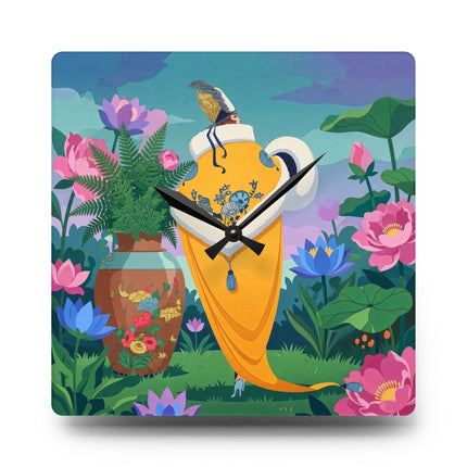 🌺✨ The Lady Of The Golden Lotus Garden Acrylic Wall Clock – Art Deco Floral Fantasy