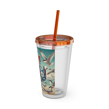 Geisha Kitten by the Seaside Sunsplash Tumbler with Straw, 16oz