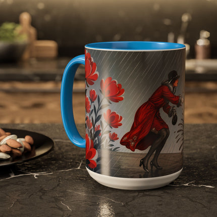 ☔🌹 The Scarlet Rainstorm Promenade Colorful Mug – Art Deco Motoring Elegance