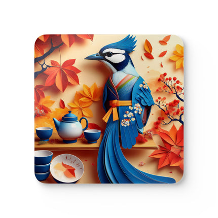 Blue Jay at an Autumn Tea Ceremony Corkwood Coaster Set