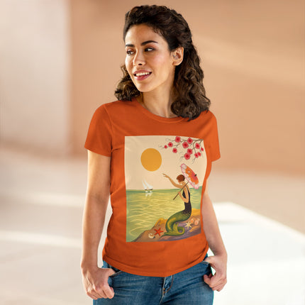🧜‍♀️🌸 The Mermaid Beneath The Blossoms Cotton Tee – Art Deco Seaside Fantasy