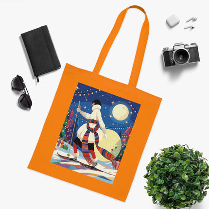 🎿🌙 The Moonlit Christmas Skier Cotton Tote Bag – Art Deco Holiday Adventure