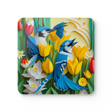 Blue Jays in a Spring Garden Corkwood Coaster Set