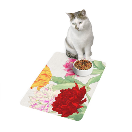 Vintage Tulip & Peony Harmony Pet Food Mat – Crimson & Gold