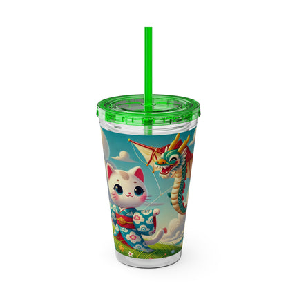 Geisha Kitten and the Dragon Kite Sunsplash Tumbler with Straw, 16oz