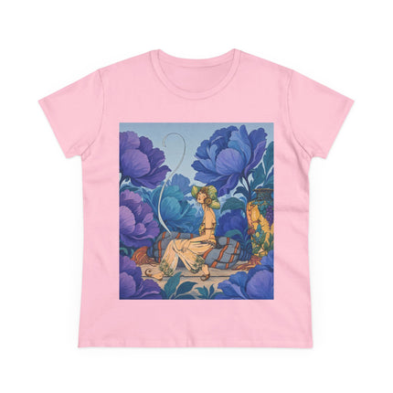 💙🌸 The Lady Among The Blue Blossoms Cotton Tee – Art Deco Floral Reverie