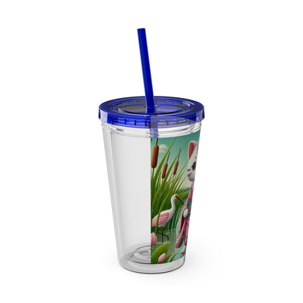 Geisha Kitten Strolls Among the Spoonbills Sunsplash Tumbler with Straw, 16oz