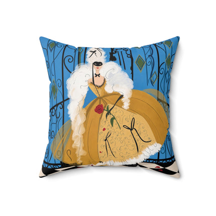🎭🌹 The Lady At The Masquerade Gates Square Pillow – Art Deco Fashion Illustration