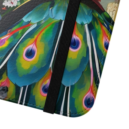 🦚🌸 Techno Plumes Peacock Flip Case – Neon Elegance & Sakura Dreams