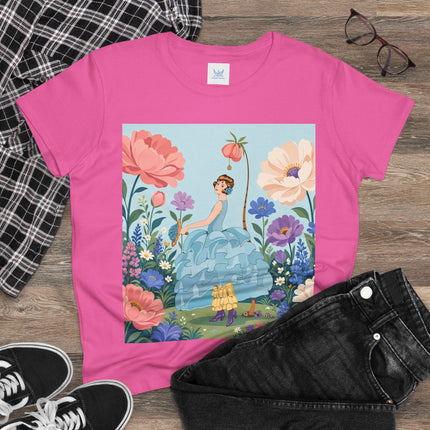 🌸🩵 The Blue Ruffle Garden Cotton Tee – Art Deco Floral Whimsy