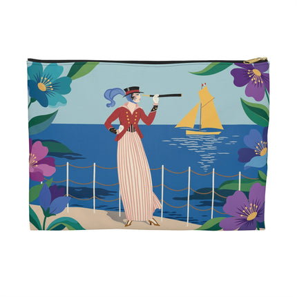 🌊🔭 The Lady Of The Seaside Lookout Accessory Pouch – Art Deco Nautical Adventure
