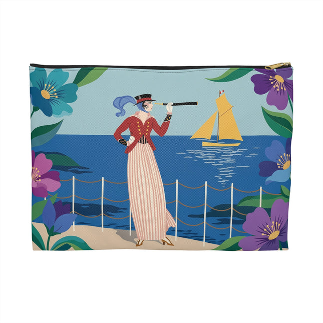 🌊🔭 The Lady Of The Seaside Lookout Accessory Pouch – Art Deco Nautical Adventure