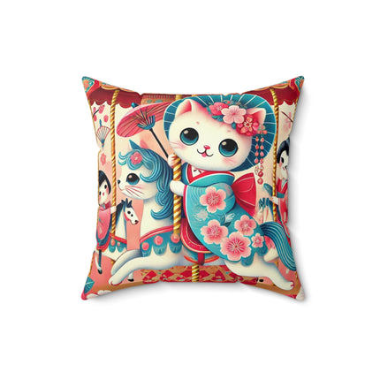 Geisha Kitten's Enchanted Carousel Ride Spun Polyester Square Pillow