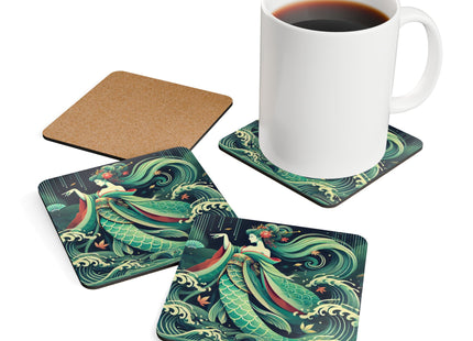 Mermaid Queen Rising from the Deep Corkwood Coaster Set