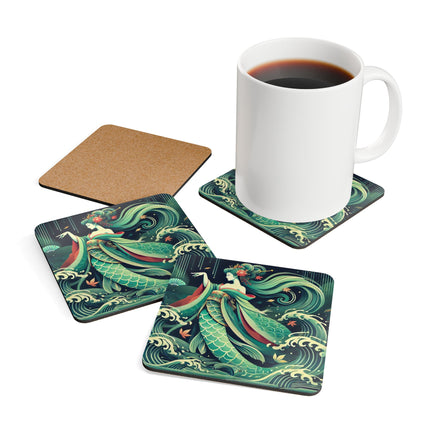 Mermaid Queen Rising from the Deep Corkwood Coaster Set
