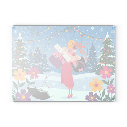 🎁🎄 The Christmas Gift Garden Glass Cutting Board – Whimsical Holiday Fantasy