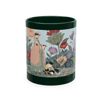 🐈🥾 The Lady & Puss In Boots In The Flower Garden Ceramic Mug – Art Deco Storybook Whimsy