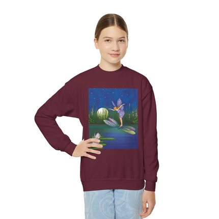 Fairy on a Dragonfly Youth Crewneck Sweatshirt – Enchanting Moonlit Fantasy