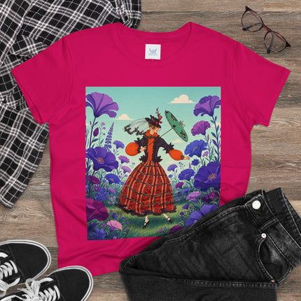 🌺✨ The Enchanted Flower Promenade Cotton Tee – Art Deco Fashion Whimsy