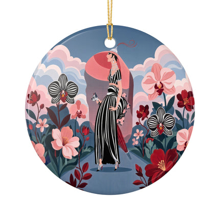 🌸🖤 The Striped Orchid Promenade Ceramic Ornament – Art Deco Floral Fashion