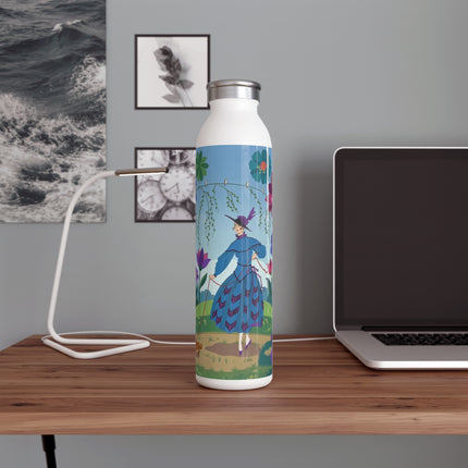🌸🐕 The Lady Of The Flower Walk Slim Water Bottle – Art Deco Garden Promenade