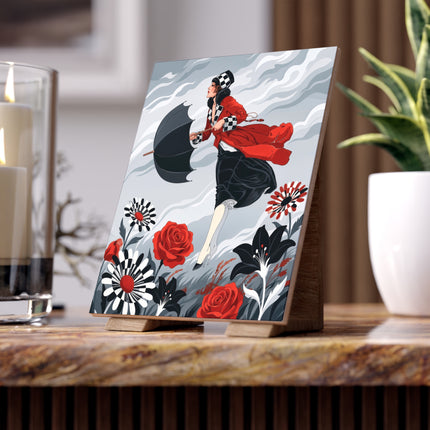 🌹☂️ The Lady In The Storm Ceramic Tile – Art Deco Floral Drama